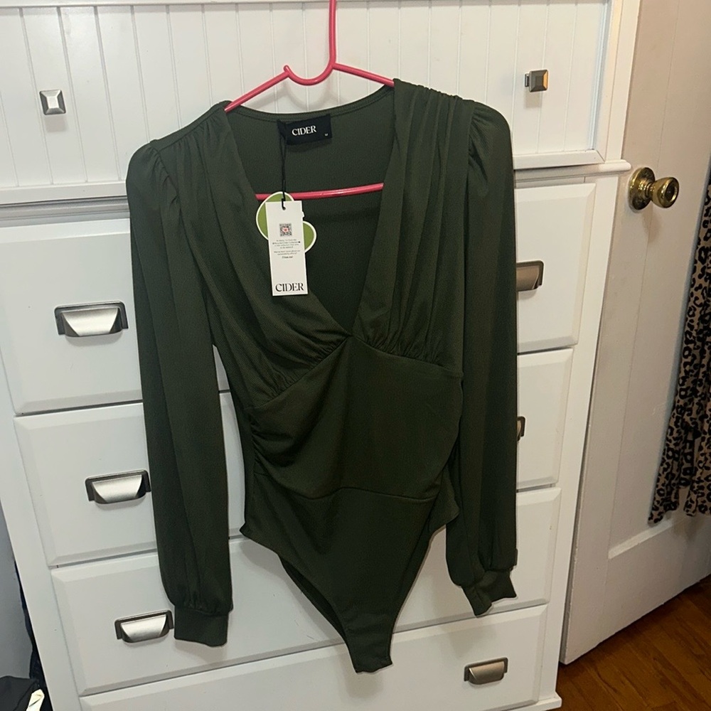 Cider Green Wrap Ruched Long Sleeve Bodysuit